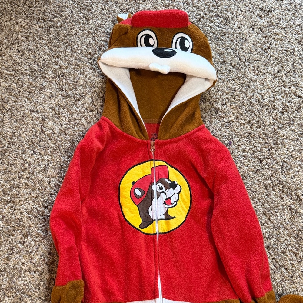 Red and Brown Buc-ee’s Hooded jumpsuit fleece.